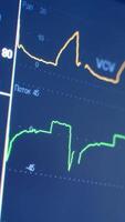 Monitoring vital signs of the patient as heart rate. Digital heart monitor read out with lines graphing and numbers displayed of patient being measured. Close-up. Vertical video