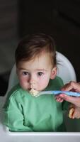 nutritivo a pequeno criança pequena sentado dentro a alimentando mesa. Alto ângulo visualizar. bebê detém uma bagel dentro esquerda mão e parece acima às Câmera. Sombrio borrado pano de fundo. vertical video