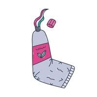Lovely line cartoon twisted toothpaste tube with cap and squeezing paste from it. Funny hand drawn open toothpaste with mint leaves on label. Dentistry and tooth hygiene doodle isolated on background vector