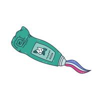 Lovely line cartoon rolled up toothpaste tube with squeezing paste from it with mint flavor. Hand drawn used open toothpaste with smiling teeth, leaves on label. Dental care doodle isolated on white. vector
