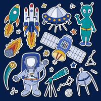 Colorful doodle sticker set about cosmos and astronomy for planners, notebooks. Ready for print list of funny stickers with clipart of astronaut, comet, space jet, satellite, alien. Diary decoration. vector