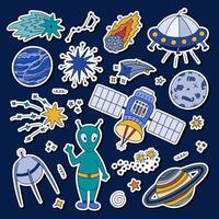 Cute colorful doodle sticker set about space, astronomy for planners, notebooks, digital diary. Ready for print list of childish stickers with alien,, satellite, planet Neptune, Big Dipper. vector