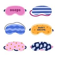 Lovely cartoon sleeping mask set with geometric line pattern, abstract blobs, stars, Oops lettering. Hand drawn girly eye mask for comfort relaxation. Patterned bedtime accessory isolated on white. vector