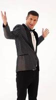 cheerful toast-master is gesticulating and posing at the celebration. Parody of the show program of leading Vertical video