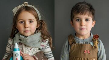 Two children are posing for a photo with a toy