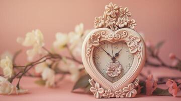 A clock with a heart shape on a pink background photo