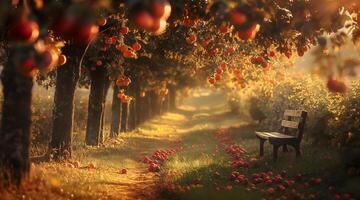 A bench is sitting in an apple tree filled with apples photo