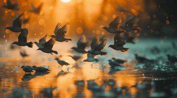A flock of birds flying over a body of water photo