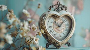 A clock with flowers on a table photo