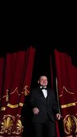 Theatrical stage. Man in costume appearing on a scene and presents the performance in light spot on dark background. Vertical video