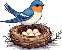 A blue bird sitting on top of a nest with eggs vector