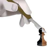 Hand holding a scalpel cutting a chess pawn in half, symbolizing strategy in surgery vector