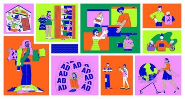 Overconsumption bento grid illustration set. Buying excessive goods 2D image collage design graphics collection. Multiethnic people addicted of consumerism flat characters moodboard layout vector