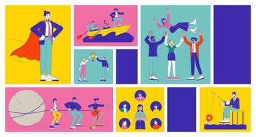 Teamwork bento grid illustration set. Collaboration of colleagues for success 2D image collage design graphics collection. Corporate professionals flat characters moodboard layout vector