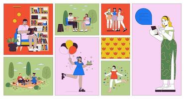 Leisure activity with friends bento grid illustration set. Joyful life moments 2D image collage design graphics collection. Happy people enjoying free time flat characters moodboard layout vector