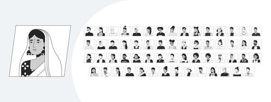 Avatars cartoon outline illustrations mega bundle. Young multicultural users representation 2D linear images isolated. Social media users profiles design collection black and white drawings vector