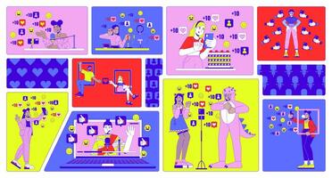 Social media bento grid illustration set. Popular bloggers and influencers 2D image collage design graphics collection. Diverse people creating content flat characters moodboard layout vector