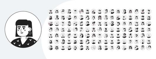 Round avatars cartoon outline illustrations mega bundle. Users of different age and ethnicity 2D linear images isolated. Web page and online chat profiles collection black and white drawings vector