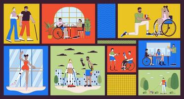 Life with disability bento grid illustration set. Inclusion and conveniences 2D image collage design graphics collection. Disabled people integration flat characters moodboard layout vector