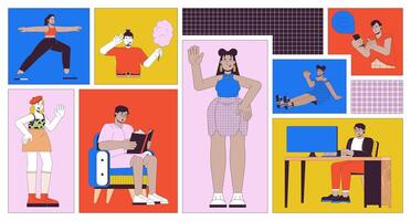 Everyday activities bento grid illustration set. Work and leisure routine lifestyle 2D image collage design graphics collection. Happy multicultural people flat characters moodboard layout vector