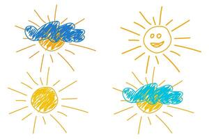 Playful sketch-style illustration of three sun doodles, one smiling, one simple, and one partially covered by clouds. vector