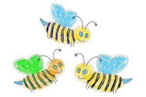 Cute hand-drawn bees with colorful wings in a sketch style, featuring blue and green wings on a white background. vector