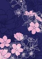 A4 print design with line art cherry blossoms. hand drawn outline of these beautiful spring flowers on blue and pink background. Ready to be used in print and online projects. vector