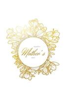 Golden line art freesia flowers print design for mothers day. Beautiful text in a white and golden circle. Elegant hand drawn spring flowers for a luxurious print. vector