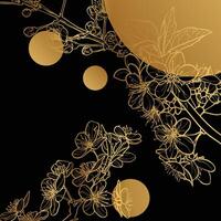 Golden line art cherry blossoms on black background. Elegant and luxurious design for invitations or social media posts. Hand drawn graphic assets for prints or online vector