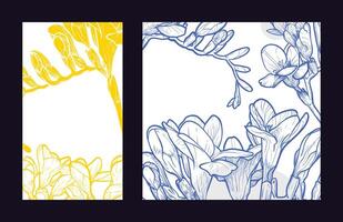 Reel, Story and Square format designs. Story, reel and post template format for social media posts with hand drawn line art freesias and elegant text. Blue and yellow outline on white background. vector