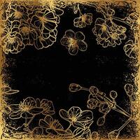 Elegant and luxurious design with golden line art cherry blossoms on black textured background for invitations or social media posts. Hand drawn graphic assets for prints or online vector