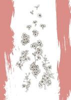 A4 print design with line art cherry blossoms and ink doodles. Hand drawn outline of these beautiful spring flowers on white background. Ready to be used in print and online projects. vector
