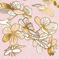 Square design of hand drawn cherry blooms on pink background. Elegant and luxurious line art design for invitations or social media posts. Hand drawn graphic assets for prints or online vector