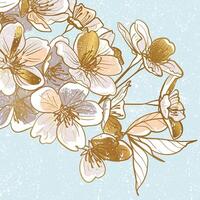 Golden line art cherry blossoms flowers in square design. Elegant and luxurious design for invitations or social media posts. Hand drawn graphic assets for prints or online vector