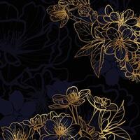 line art and flat fill golden cherry blossoms flowers in square design. Elegant and luxurious design for invitations or social media posts. Hand drawn graphic assets for prints or online vector