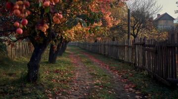 A path lined with trees and fruit trees photo