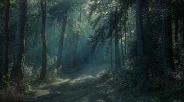 A dark forest path with trees and a light coming from the trees photo