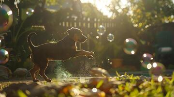 A dog jumping in the air with bubbles in the background photo