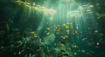 An underwater scene with many fish and coral photo