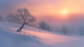 A tree is standing in the snow with the sun setting behind it photo