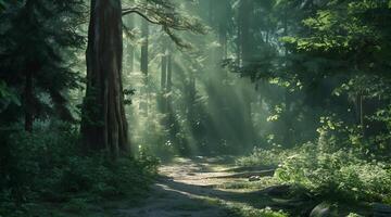 A path through a forest with sunbeams shining through the trees photo