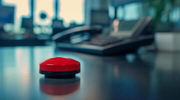 A red button on a desk in an office photo