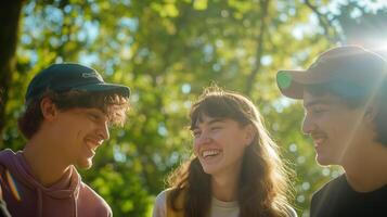 Three young people smiling and laughing in the sun photo
