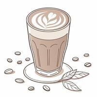 Glass of Coffee latte on Saucer , Cartoon Clipart, and Line Art Design vector