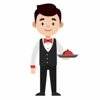 cartoon waiter in uniform with a tray in his hand. Waiter profession. Isolated on white background.Front view . vector