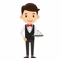 cartoon waiter in uniform with a tray in his hand. Isolated on white background.Front view . vector
