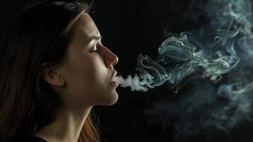 Girl releases cigarette smoke on a black background, close-up photo