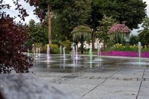 Beautiful summer park. light fountain among beautiful flower beds photo