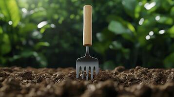 Gardening fork resting in freshly turned soil with lush green plants in the background, symbolizing cultivation and growth photo