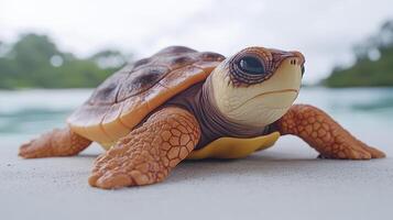 A realistic close-up of a toy turtle on a sandy beach with a blurred ocean background, perfect for beach-themed decor and educational materials. photo
